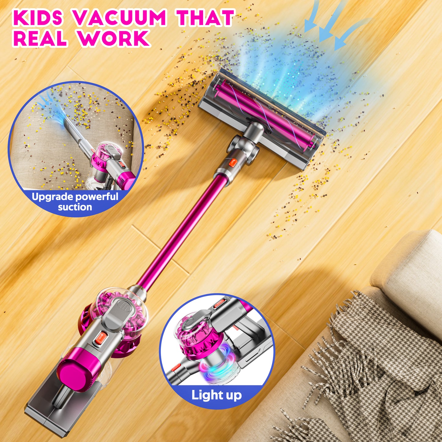 4-in-1 Kids Vacuum That Really Work, Toddler Pretend Play Cleaning Toy Set W/ Light & Sound, Interactive Toy Cleaner Birthday Idea for 2 3 4 5 6+ Year Girl Boy