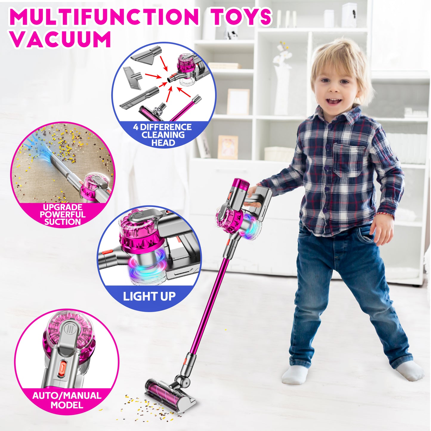 4-in-1 Kids Vacuum That Really Work, Toddler Pretend Play Cleaning Toy Set W/ Light & Sound, Interactive Toy Cleaner Birthday Idea for 2 3 4 5 6+ Year Girl Boy