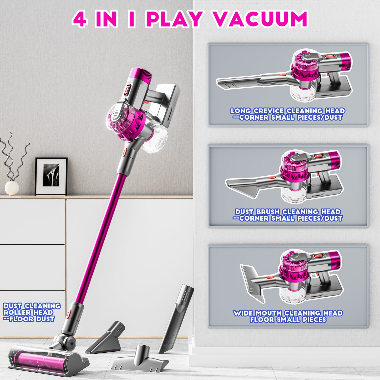 4-in-1 Kids Vacuum That Really Work, Toddler Pretend Play Cleaning Toy Set W/ Light & Sound, Interactive Toy Cleaner Birthday Idea for 2 3 4 5 6+ Year Girl Boy